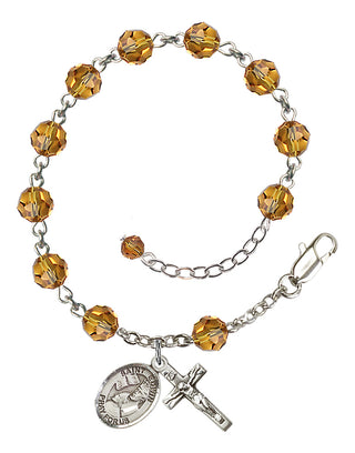 Sterling Silver 6mm Austrian Crystal Saint Edwin Rosary Bracelet in Topaz Engraved Catholic Saint Jewelry