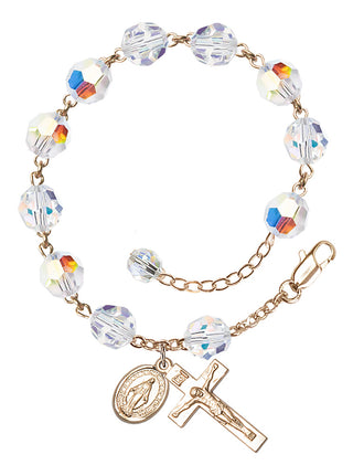 Adjustable 14 Karat Gold 8mm Austrian Crystal Rosary Bracelet with Aurora Borealis in Crystal