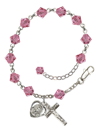 Adjustable Sterling Silver 6mm Austrian Crystal Rosary Bracelet in Rose