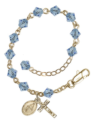 Adjustable 14 Karat Gold 5mm Austrian Crystal Infant Rosary Bracelet in Aqua
