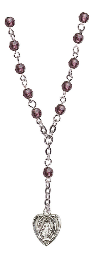 Silver Plated 4mm Fire Polished Miraculous Rosary Necklace in Amethyst