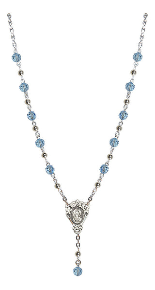 Silver Plate 6mm Austrian Crystal  Miraculous Rosary Necklace in Aqua