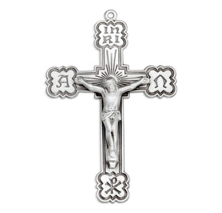 2-inch Sterling Silver Black Enamel Alpha & Omega Crucifix with 24-inch Chain