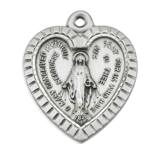 Sterling Silver Heart Shaped Miraculous Medal with 18-inch Chain and Box