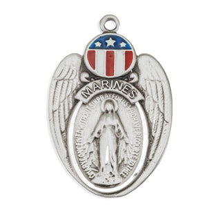 1 1/4-inch Sterling Silver Marines Medal with Miraculous Medal 24-inch Chain