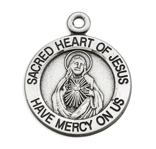 3/4-inch Sterling Silver Round Sacred Heart of Jesus Medal with 18-inch Chain
