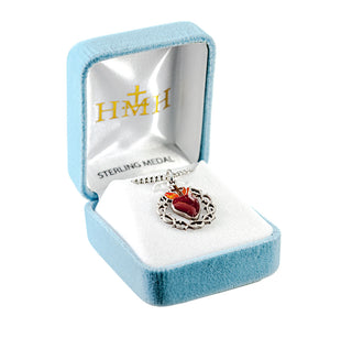 1-inch Sterling Silver Crown of Thorns with Enameled Red Heart and 20-inch Chain