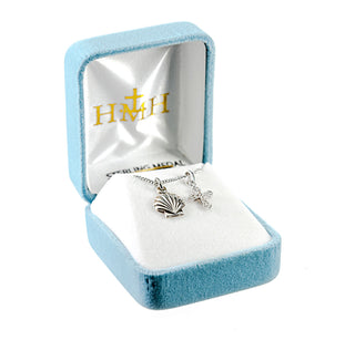Sterling Silver Baptismal Shell Medal and Small CZ Cross