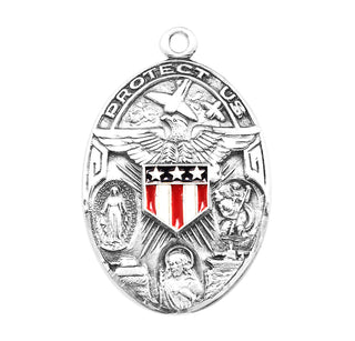 1 1/4-inch Sterling Silver Military Medal with Jesus-Mary-St. Christopher with 24-inch Chain