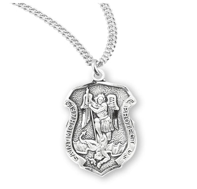 Sterling Silver Badge Shaped St. Michael Medal - Medium