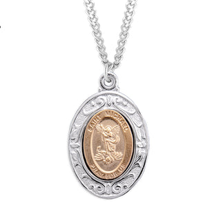 Gold Over Sterling Silver Saint Michael Pendant with Rhodium Plated Sterling Silver Border