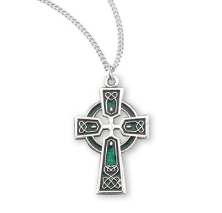 Sterling Silver Celtic Cross With Green Enamel