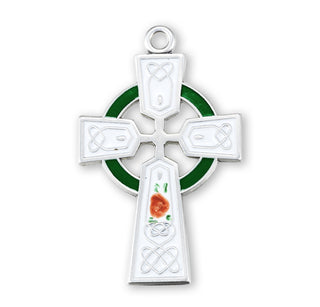 Sterling Silver Celtic Cross with Green Enamel 18-inch Chain