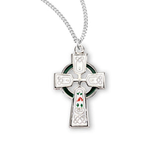 Sterling Silver Celtic Cross With Green Enamel 18 Inch Chain