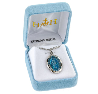 Sterling Silver Oval Blue Enameled Fancy Edge Miraculous Medal