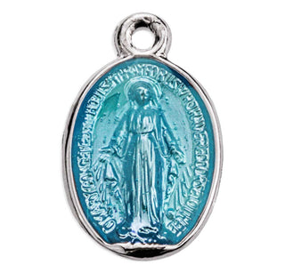1/2-inch Sterling Silver Oval Blue Enamel Miraculous Medal with 13-inch Chain