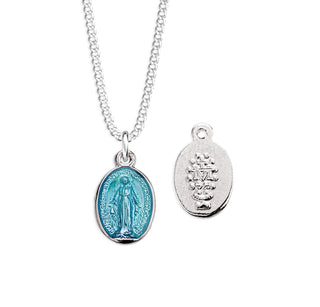 1 2 Inch Sterling Silver Oval Blue Enamel Miraculous Medal With 13 Inch Chain