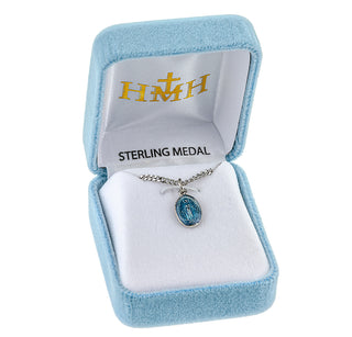 1/2-inch Sterling Silver Oval Blue Enamel Miraculous Medal with 13-inch Chain