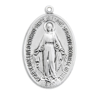 1 1/2-inch Sterling Silver Oval Miraculous Medal with 27" Chain