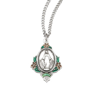 Sterling Silver Miraculous Medal with Pink Epoxy Flowers