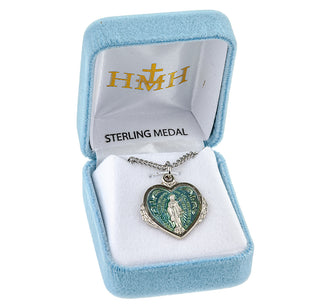 Sterling Silver Blue Enameled Heart Shape Miraculous Medal