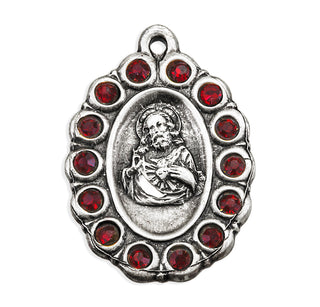 7/8-inch Sterling Silver Scapular Medal with Finest Austrian Crystal Ruby Stones 18-inch Chain