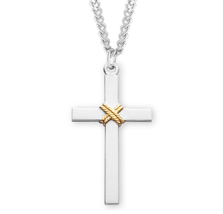 1 5 16 Inch Tutone Sterling Silver Cross With Rope 24 Inch Chain