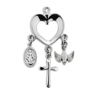 Sterling Silver Heart with Miraculous Medal, Cross & Holy Spirit Charms