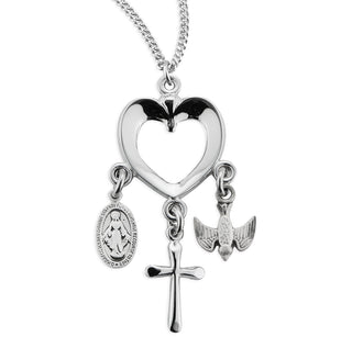 Sterling Silver Heart with Miraculous Medal, Cross & Holy Spirit Charms