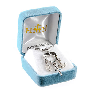 Sterling Silver Heart with Miraculous Medal, Cross & Holy Spirit Charms