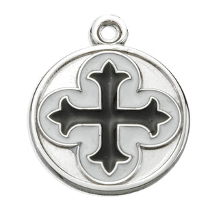 Sterling Silver Round Clover Cross Medal with Black Epoxy
