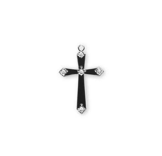 1 1/8-inch Sterling Silver Black Enamel Cross with Crystals 18-inch Chain