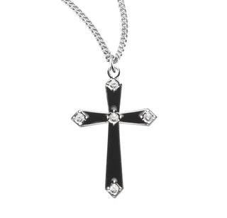 1 1 8 Inch Sterling Silver Black Enamel Cross With Crystals 18 Inch Chain