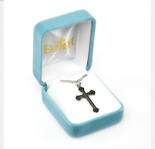 1 1/8-inch Sterling Silver Cross with Black Enamel 18-inch Chain