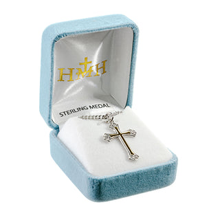 1 1/8-inch Tutone Sterling Silver Cross with Black Enamel 18-inch Chain