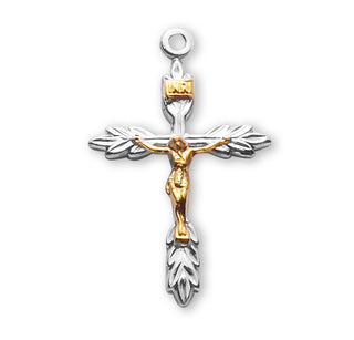 1 1/8-inch Tutone Sterling Silver Wheat Crucifix with 18-inch Chain