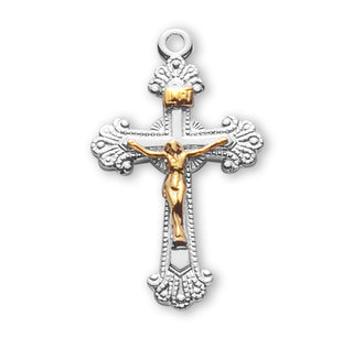 1 1/8-inch Tutone Sterling Silver Crucifix with 18-inch Chain