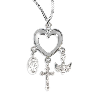 Sterling Silver Heart with Miraculous Medal, Crucifix & Holy Spirit Charms