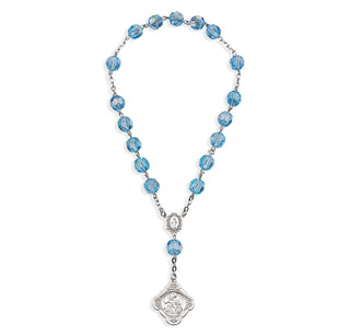 Sterling Silver Saint Ann Chaplet with Miraculous Centerpiece made with Finest Crystal 7mm Light Sapphire Beads