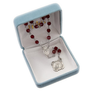 Sterling Silver Infant Jesus of Prague Chaplet with Miraculous Centerpiece made with Finest Crystal 6mm Ruby Beads