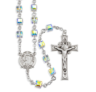 Aurora Faceted Cube Sterling Rosary Engravable