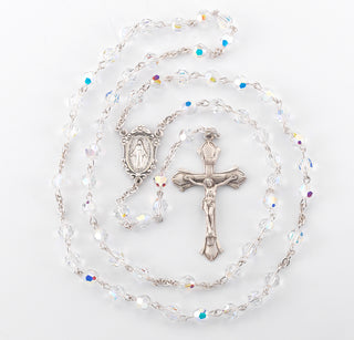 6mm Round Finest Austrian Crystal Aurora Borealis Crystal Sterling Rosary - Engravable