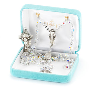 Sterling Silver Rosary Hand Made with finest Austrian Crystal 6mm Aurora Borealis Faceted Round Beads