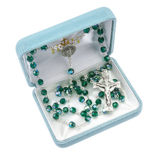 Sterling Silver Rosary Hand Made with finest Austrian Emerald Crystal 6mm Faceted Round Beads