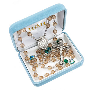 Sterling Silver OL of Guadalupe Rosary made with 6mm Finest Crystal Topaz and Emerald Beads