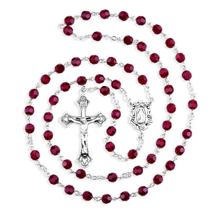 Sterling Silver Rosary Hand Made with finest Austrian Crystal 6mm Ruby Faceted Round Beads