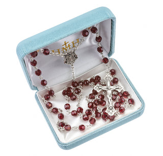 Sterling Silver Rosary Hand Made with finest Austrian Crystal 6mm Ruby Faceted Round Beads