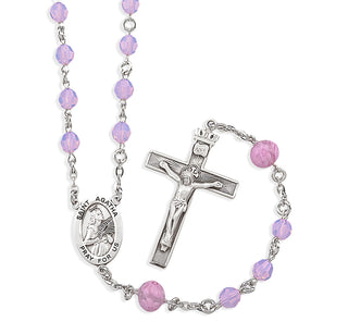 6mm Finest Rose Opal Crystal Faceted Round Beads with 8mm Pink Rose Our Father Bead with Saint Therese Centerpiece