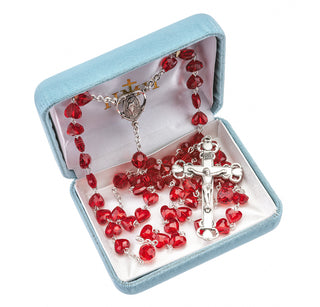 Sterling Silver Rosary Hand Made with finest Austrian Crystal 8mm Red Heart Shape Beads