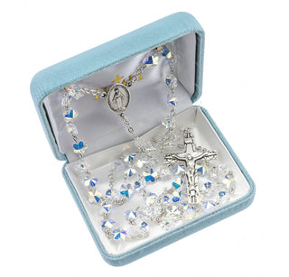 5MM Round Finest Austrian Crystal Sterling Rosary W/ Pink Rhinestone Flowered O.F. Beads-Bxd 64/112 - Engravable